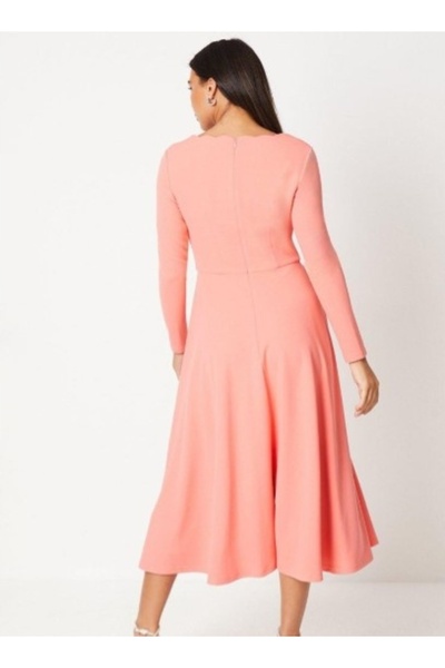 NO BRAND Rochie midi somon, mânecă lungă, decolteu pătrat, stil clasic de coa...