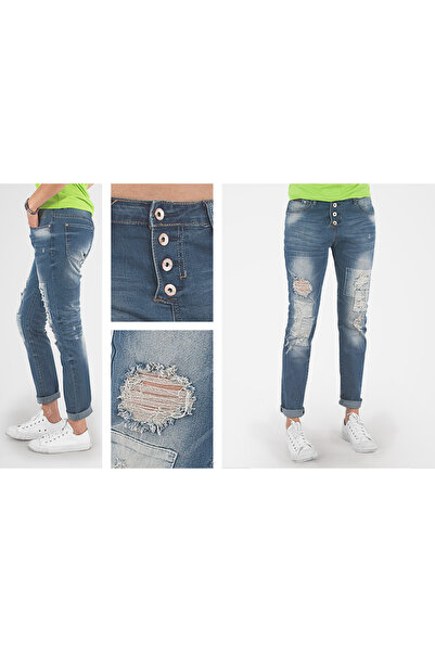 NO BRAND Blugi de damă skinny, albaștri, elastici, cu tăieturi și franjuri, 1...
