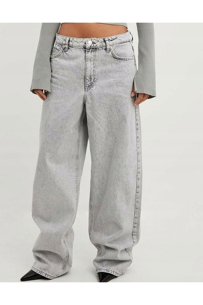 NO BRAND Pantaloni din denim gri, cu picior larg, talie joasă, mărime Na-Kd 38