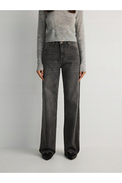 NO BRAND Pantaloni din denim gri cu picior larg din bumbac neted Reserve 36
