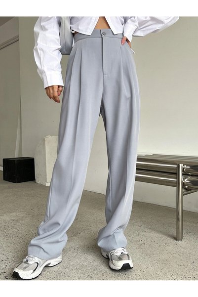 NO BRAND Pantaloni gri cu talie înaltă, cu buzunare cu volane, Shein 44