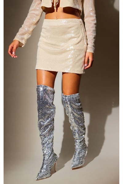 NO BRAND Prettylittlething Fustă mini bej strălucitoare cu paiete și fermoar 36