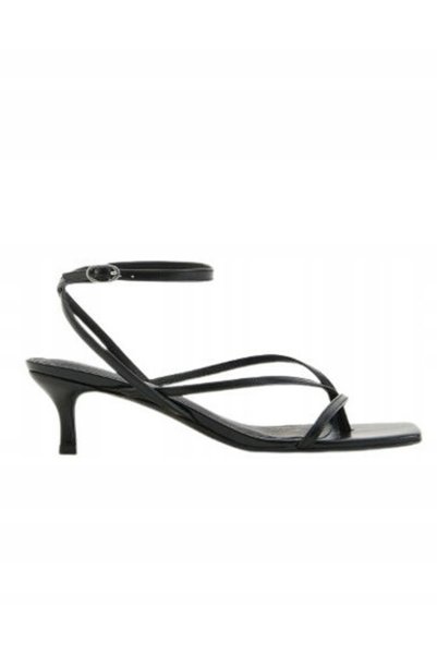 NO BRAND Sandale simple, clasice, din piele neagră, cu toc mic, cu închidere,...