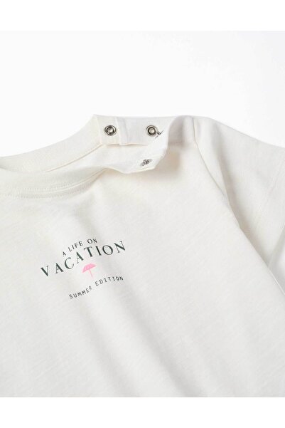 Ziddy Cotton T-Shirt With Vacation Print For Baby Boys, Light Beige