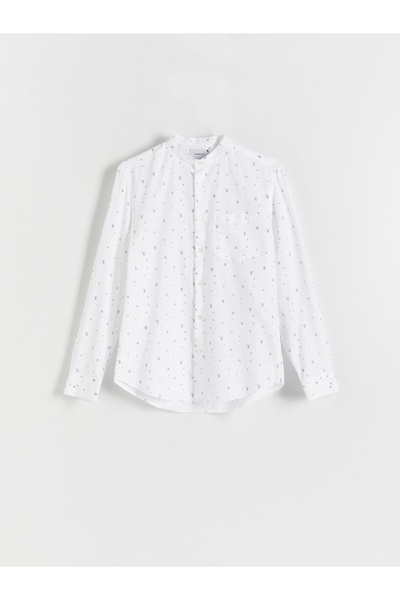 NO BRAND Cămașă clasică albă din bumbac cu amestec de in, cu model floral, mă...