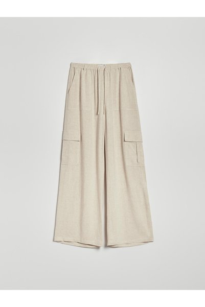 NO BRAND Pantaloni cu șnur, croială largă, bej, cu buzunare cargo, House S