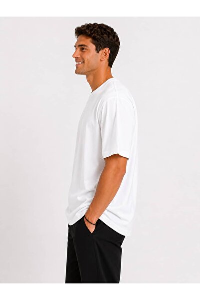 Vasto Moda Erkek Oversize Kalın Dokulu %100 Organik Pamuk Bisiklet Ribana Yakalı Beyaz T-Shirt