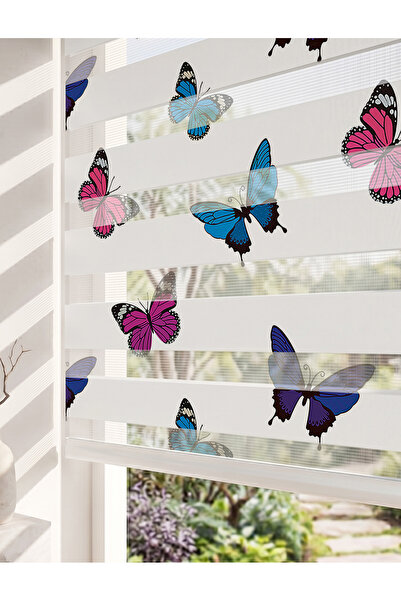 AD Home Pembe ve Mavi Kelebekler Dijital Baskılı Çocuk Odası Zebra Perde