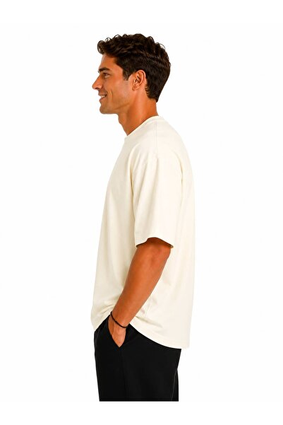 Vasto Moda Erkek Oversize Kalın Dokulu %100 Organik Pamuk Bisiklet Ribana Yakalı Ekru T-Shirt