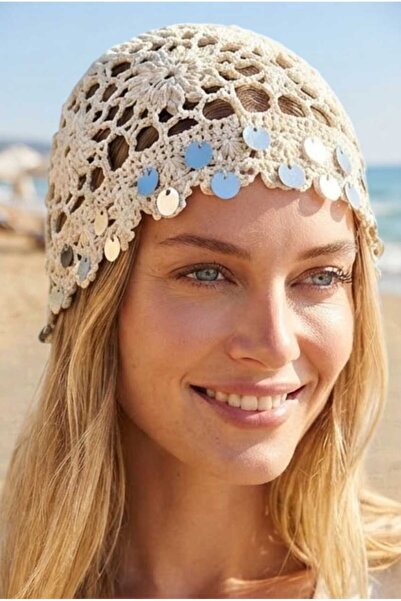 Mood Agenda Women's Sequin Decorated Knitted Beanie with Mesh Texture Bohemia...