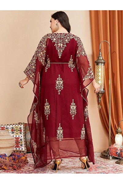 NO BRAND Rochie maxi asimetrică bordo cu imprimeu floral și curea aurie Shein 46