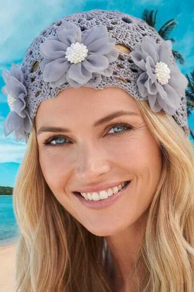 Mood Agenda Women's Floral Patterned Knitted Beanie Mesh Textured Bohemian Be...