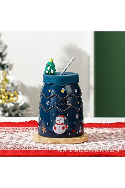 NO BRAND Cană ceramică în formă de brad de Crăciun cu capac și pai, 450 ml