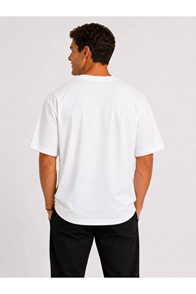 Vasto Moda Erkek Oversize Kalın Dokulu %100 Organik Pamuk Bisiklet Ribana Yakalı Beyaz T-Shirt