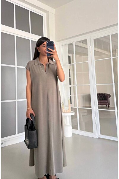 MAESTRO WOMAN فستان نسائي طويل بجيوب وياقة بولو باللون الكاكي