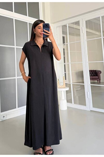 MAESTRO WOMAN فستان نسائي أسود بياقة بولو وجيوب طويلة