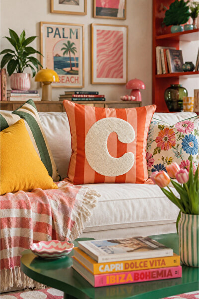 Pilloveland Punch Embroidered Throw Pillow Cover - 43*43 cm - Orange Letter C...