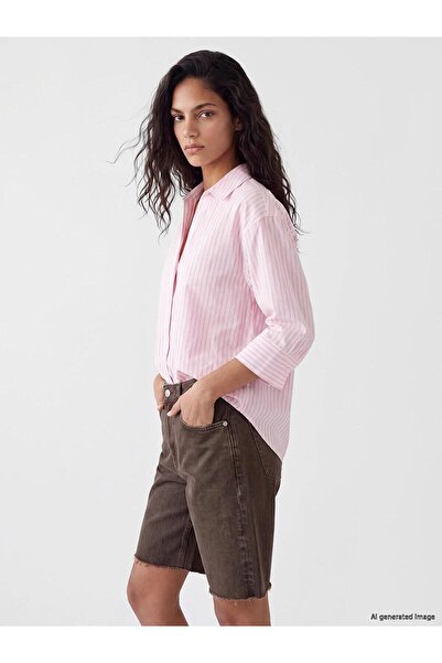 LC Waikiki Striped V-Neck Three-Quarter Sleeve Women's Shirt (S6)