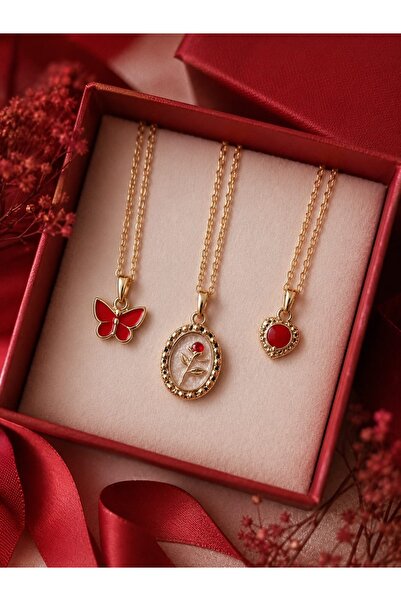Madam Bikan Gold Renk 3 Lü Mineli Gül Kırmızı Kelebek Kombin Set Kolye