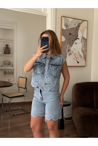 SOLİS MODA Kadın fisto nakış işlemeli denim şort ve yelek takım