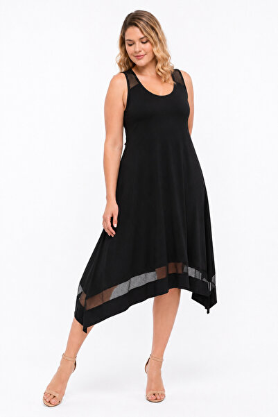 Şans Women's Plus Size Black, Tulle Detailed, Viscose Dress 65N39595