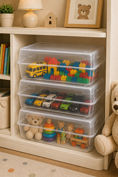 Mim Life Oyuncak Saklama Kutusu Şeffaf Kapaklı 32x20x11 cm 9 lu Set | Çocuk Odası Düzenleyici İstiflenebilir Plastik Organizer Kutu