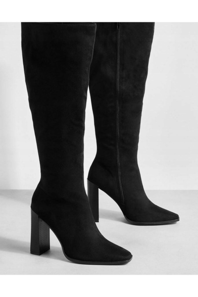 NO BRAND Cizme clasice negre cu toc, din piele întoarsă ecologică, Boohoo 39
