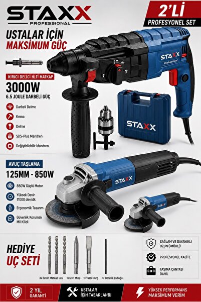 STAXX POWER 2'li Dev Usta Seti | 3000W Hilti + 1500W Spiral | Beton Demir Met...