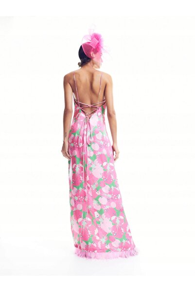 NO BRAND Rochie maxi roz din satin de viscoză, cu bretele și decor din pene, 34
