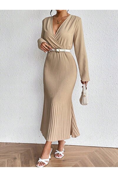 NO BRAND Rochie Shein clasică bej plisată maxi cu mânecă lungă 34