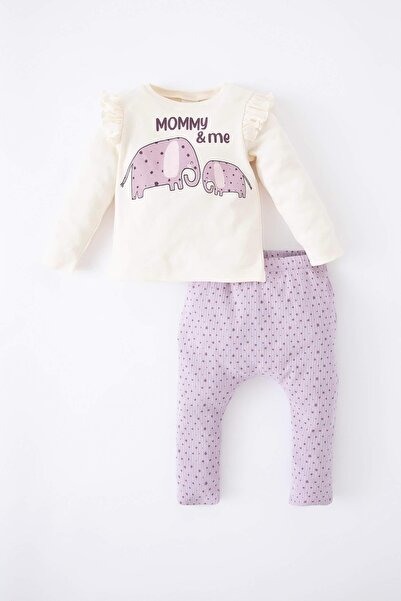 NO BRAND Set pantaloni din bumbac bej-violet, tricou imprimat Defacto 86-92