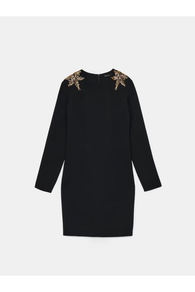 NO BRAND Rochie mini neagră simplă cu aplicație, mânecă lungă, decolteu rotun...