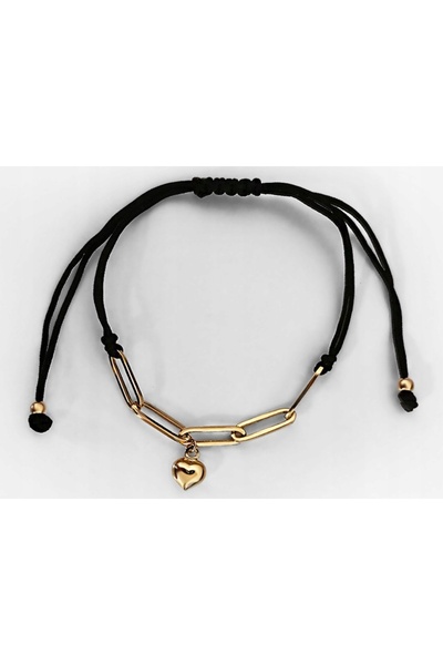 NO BRAND Brățară de aur 585 cu zale inimă tip șnur pe șnur negru 14K