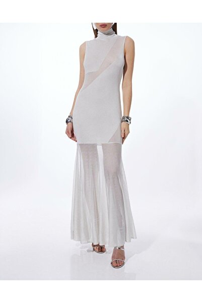 NO BRAND Rochie Maxi din Plasă Gri Deschis Cocktail Clasică Karen Millen S