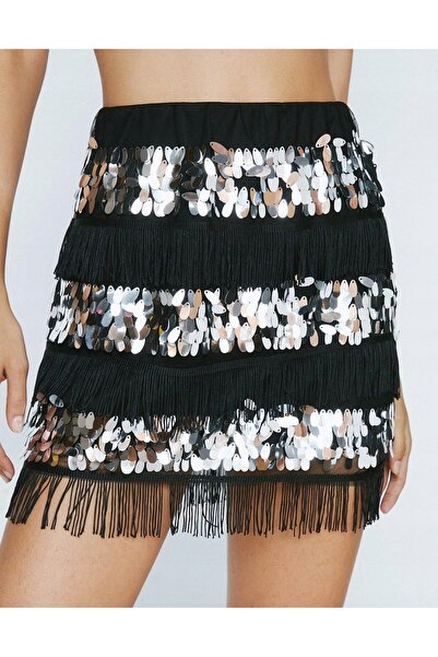 NO BRAND Fustă mini din paiete, glamour, cu franjuri, elegantă, scurtă, dreap...