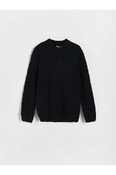 NO BRAND Pulover negru larg, cu amestec de lână, mâneci lungi, guler rotund, m