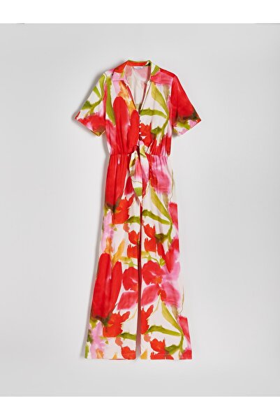 NO BRAND Salopetă lungă, lejeră, colorată, cu imprimeu floral, cu mânecă scur...