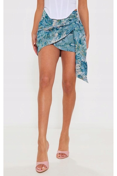 NO BRAND Fustă mini jacard albastră cu volane și flori Prettylittlething 34