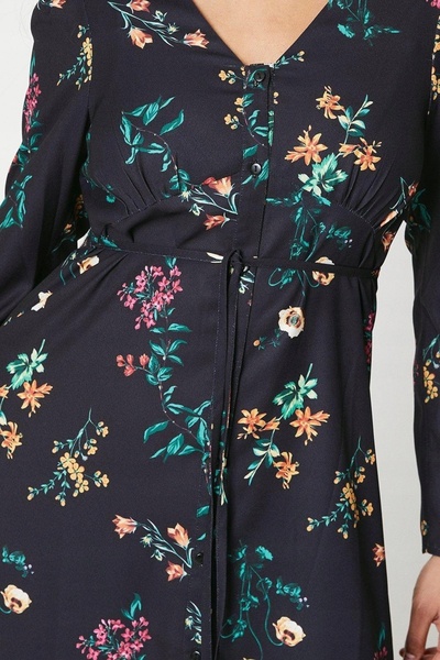 NO BRAND Rochie neagră tip cămașă, lungime midi, cu imprimeu floral, nasturi,...