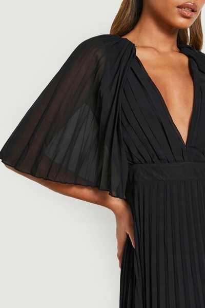 NO BRAND Rochie maxi neagră plisată cu mâneci largi și decolteu în V Boohoo 36