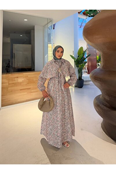 VASPERA ATELİER Women's Ethnic Patterned Shawl Collar Long Hijab Dress