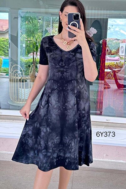 İnce Topuk V-Neck Batik Viscose Fabric Dress 6Y373