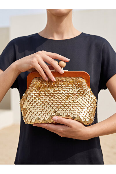Royal Gold Ahşap Saplı Clutch Çanta