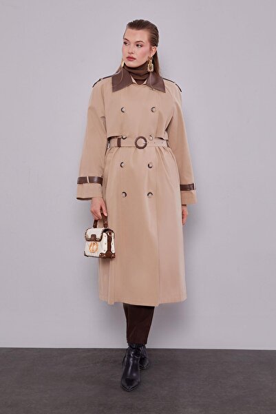 Levidor Beige Leather Fabric Detailed Trench Coat