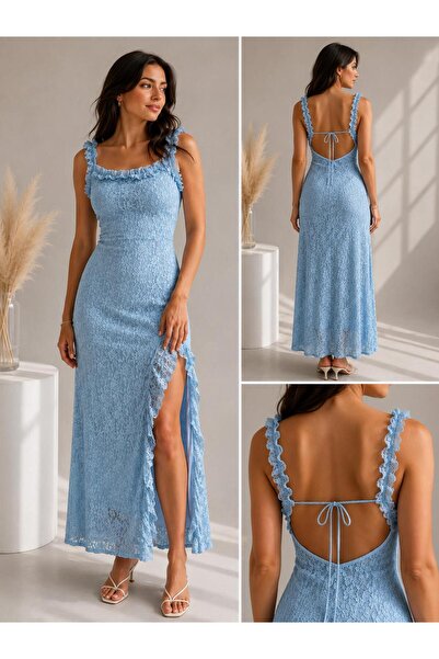 sira butik Yırtmaçlı Dantelli Sırt Dekolteli Elbise