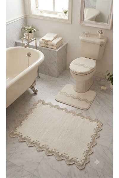 DECORA CASA HOME COLLECTİON 3-Piece Lace Detailed Bath Mat Set Non-Slip, Mode...