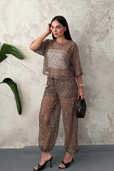 Elbee Fashion Woman Coffee Sequin Suit