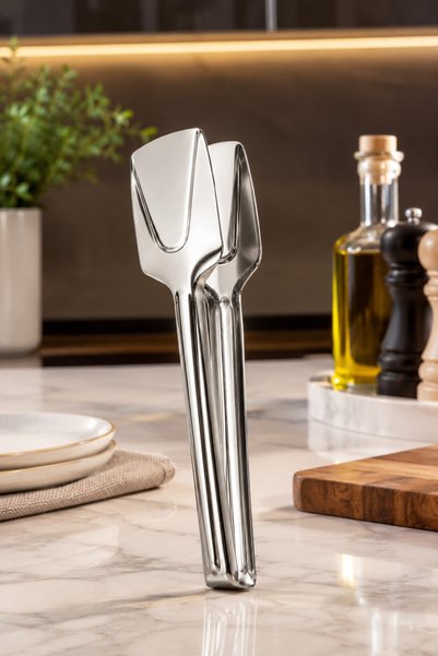 KLARHAUS Lamy Stainless Steel Wide-Tip Serving Tongs, 23 cm – Metal Tongs for Salad, Pasta, Breakfast, and Open Buffet