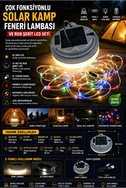 ENGES SOLAR KAMP FENERİ LAMBASI VE RGB ŞERİT LED SETİ ÇOK FONKSİYONLU 10 METR...