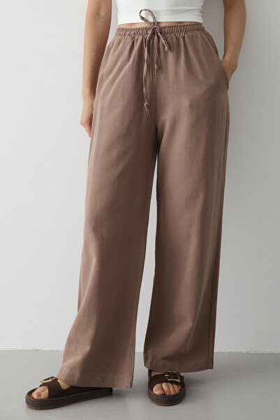 My Blog Mink Elastic Waist Linen Straight Trousers